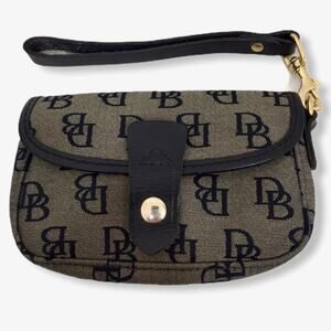 Dooney & Bourke wristlet bag, gray black logo canvas, snap closure